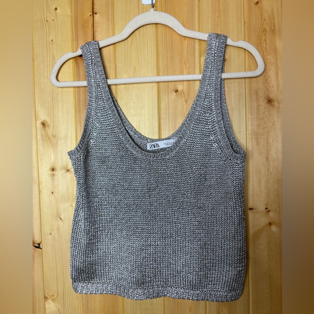 Zara Womens Scoop Neck Metallic Open Knit Tank Top Silver Tone Size Small